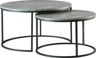 35 Inch 2 Piece Nesting Coffee Table Set, Round Gray Faux Marble Tabletop