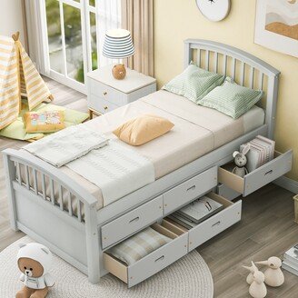 GEROJO Solid wood Twin Size Platform Storage Bed with 6 Drawers, Solid Wood Slat Support, with Headboard, Safey Rail for Kids