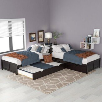 TOSWIN L-Shaped Platform Bed with Trundle and Drawers, Twin, Gray, Convertible Table, Sturdy Construction