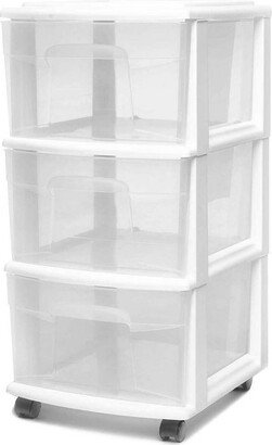 Homz Clear Plastic 3 Drawer Medium Home Organization Storage Container Tower with 3 Large Drawers and Removeable Caster Wheels, White Frame