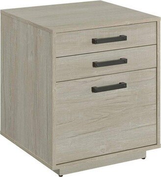 25 Inch Slim File Cabinet, 3 Gliding Drawers, Whitewashed Gray Wood Frame