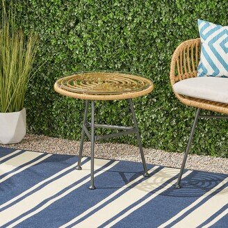Ealdun Trade LLC Outdoor Woven Faux Rattan Side Table with Glass Top