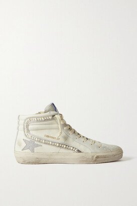 Slide Embellished Distressed Glittered Leather And Suede High-top Sneakers - White-AA