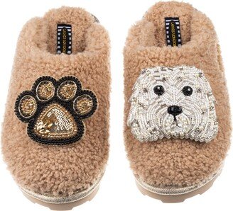 Laines London Teddy Towelling Closed Toe Slippers With Queenie & Paw Brooch - Toffee