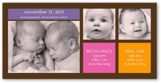 Twin Birth Announcements: Modern Twin Girls Birth Announcement, Multicolor, Pearl Shimmer Cardstock, Square