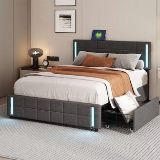 Upholstered Platform Bed with LED Lights and USB Charging, 4 Drawers