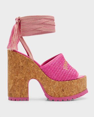 Gal Raffia Cork Ankle-Tie Platform Sandals