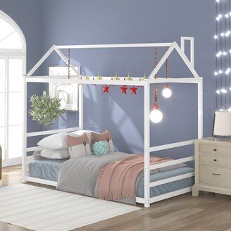 EDWINRAY Modern Twin Size House Platform Bed, Floor Steel Bedframe with Roof & Chimney for Imaginative kids Teens Adults Bedroom, White