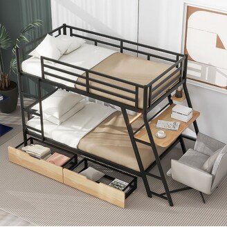 Twin Size Metal Bunk Bed with Built-in Desk, Light and 2 Drawers, Black