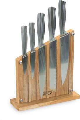 6-Piece Stainless Steel Knife Set with Knife Block; Carbon Stainless Steel Blades and Ergonomic Handles; Blonde Wood Block with Acrylic