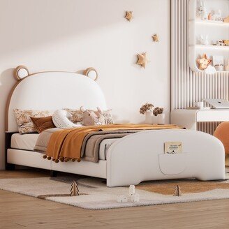 IGEMAN Twin Size White Upholstered Platform Bed with Bear-shaped Headboard and Footboard For Kids Adults