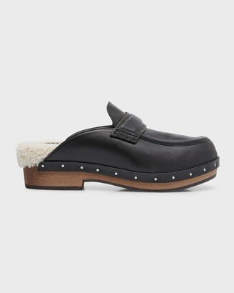 Leather Shearling Slide Loafer Clogs