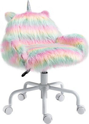 HOMCOM Fluffy Unicorn Office Chair with Mid-Back and Armrest Support, 5 Star Swivel Wheel White Base, Rainbow