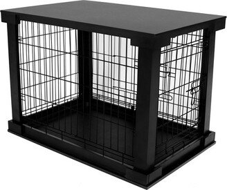 2 Door Decorative Pet Kennel with Wooden Protection Cover, Divider Insert, and Removable Tray End or Side Table, Black