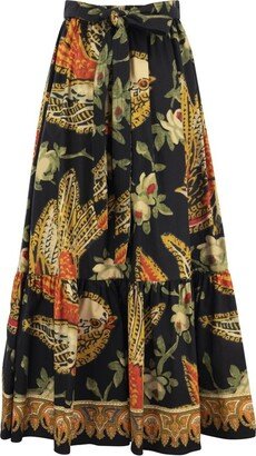 Bird Print Tiered Midi Skirt