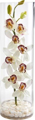 Cymbidium Orchid Artificial Arrangement In Tall Cylinder Vase