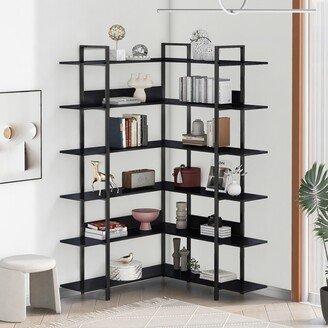 IGEMAN 74 Inch L-shape Corner Bookshelf with Stainless Steel Frame, Black