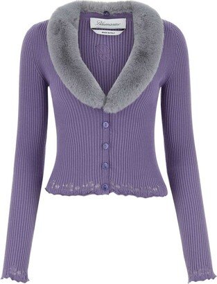 Faux Fur-Collar Knitted Cardigan-AA