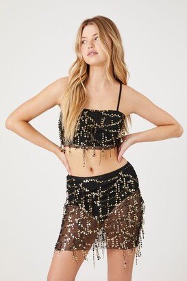Women's Sequin Cropped Cami & Skirt Set in Black/Gold Large