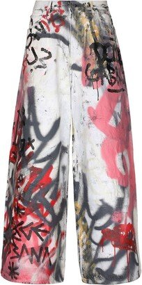 Graffiti-Print Wide-Leg Jeans-AB