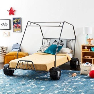 TOSWIN Modern Metal Twin Size Platform Bed, Go Kart Design with Racing Flag Decor Headboard and Metal Tube Supporting Slat System