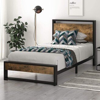 Snake River Décor Twin Bed Frame with Wooden Headboard/Single Bed for Kids, Dark Brown