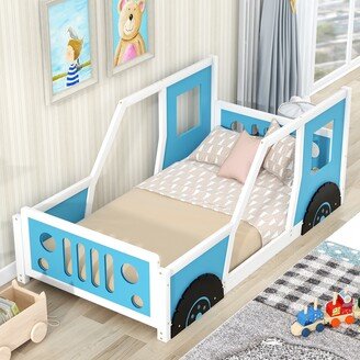 IGEMAN Car-Shaped Twin Size Platform Bed with Wheels for Kids Bedroom-AA