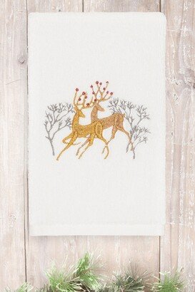 Christmas Deer Pair Embroidered Luxury Turkish Cotton Hand Towel - White