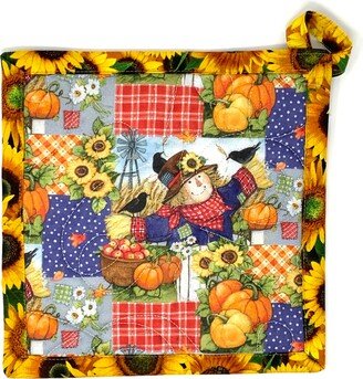 Fall Pot Holder, Large, Hanging Loop, Scarecrow, Sunflowers, Pumpkins, Hot Pad, Orange, Yellow, Blue, Mini Quilt