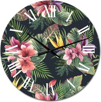 Designart 'Purple Tropical Flowers With Green Leaves II' Tropical wall clock