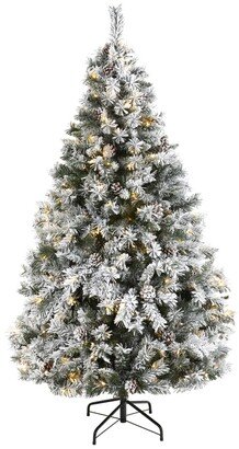 Flocked River Mountain Pine Artificial Christmas Tree with Pinecones and 250 Clear Led Lights