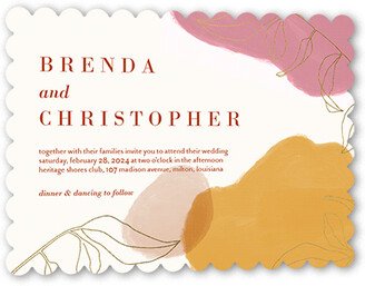 Wedding Invitations: Organic Art Wedding Invitation, Orange, Gold Foil, 5X7, Pearl Shimmer Cardstock, Scallop