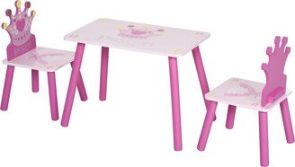 3-Piece Set Kids Wooden Table Chair with Crown Pattern Easy to Clean Gift for Girls Toddlers Age 3 to 8 Years Old Pink