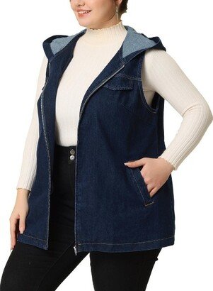 Agnes Orinda Women's Plus Size Hoodie Zipper Up Pocket Denim Sleeveless Jacket Vest Black Blue 2X