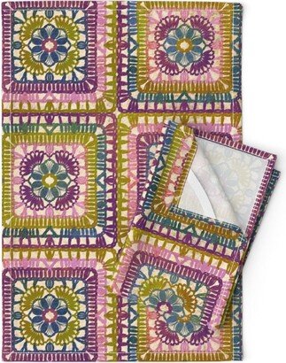 Crochet Tea Towels | Set Of 2 - Grannycrochetsquare By Gaiamarfurt Granny Square Retro Purple Pink Linen Cotton Spoonflower