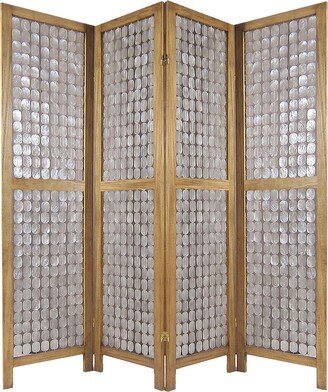 Royal 4 Panel Mango Wood Screen with Capiz Shell Decor, Brown