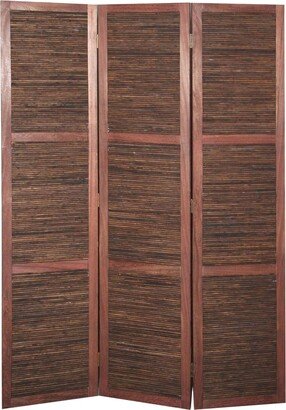 Wooden 3 Panel Room Divider with Horizontal Bamboo Stripes, Dark Brown