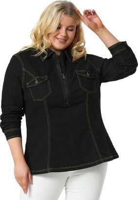 Agnes Orinda Women's Plus Size Zip Up Washed with Pockets Denim Jacket Black 3X
