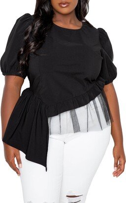 BUXOM COUTURE Asymmetric Mesh Hem Peplum Blouse