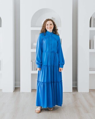 Women's Azure Blue Tie Waist Tiered Maxi Dress by @withloveleena