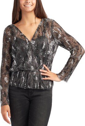 Juniors' Pleated Metallic Printed Peplum Top