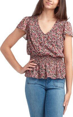 Juniors' Floral-Print Smocked-Waist Peplum Top