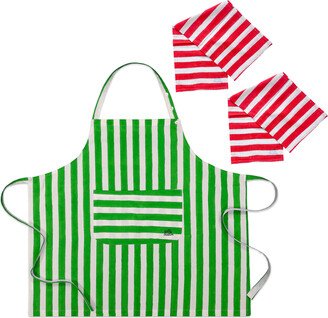 Kate Austin Designs Holiday Kitchen Set - Organic Cotton Adjustable Apron In Green And White Cabana Stripe Block Print With Two Khadi Organic Cotton Absorbent Kitchen Towels