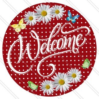 Welcome Sign - Daisy & Butterfly Maroon White Polka Dot Everyday Metal