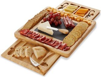 Casafield Bamboo Cheese Cutting Board with Removable Slate Cheese Plate, Stainless Steel Knives, and Slide-Out Snack Trays