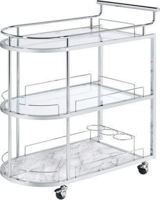 Serving Cart with Oval Shape and Metal Bar Handle, Silver