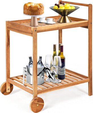 2-Tier Acacia Rolling Kitchen Trolley Cart Dining Serving Cart - See Details