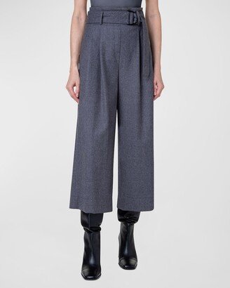 Belted Wool Flannel Cropped Wide-Leg Pants