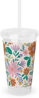 Travel Mugs: Happy Flowers - Pink Multi Acrylic Tumbler With Straw, 16Oz, Pink