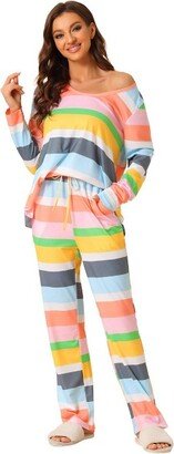 cheibear Women' Cotton Rainbow-Stripe Long Sleeve Lounge with Pant Pajama Set Yellow X-Small